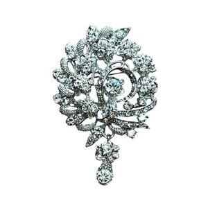 Silvertone statement brooch clear white rhinestones dangle teardrop Victoriana